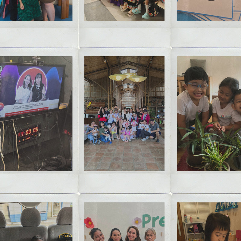 Grid of various photos including families, children in a classroom, and a classroom setting with educational materials.